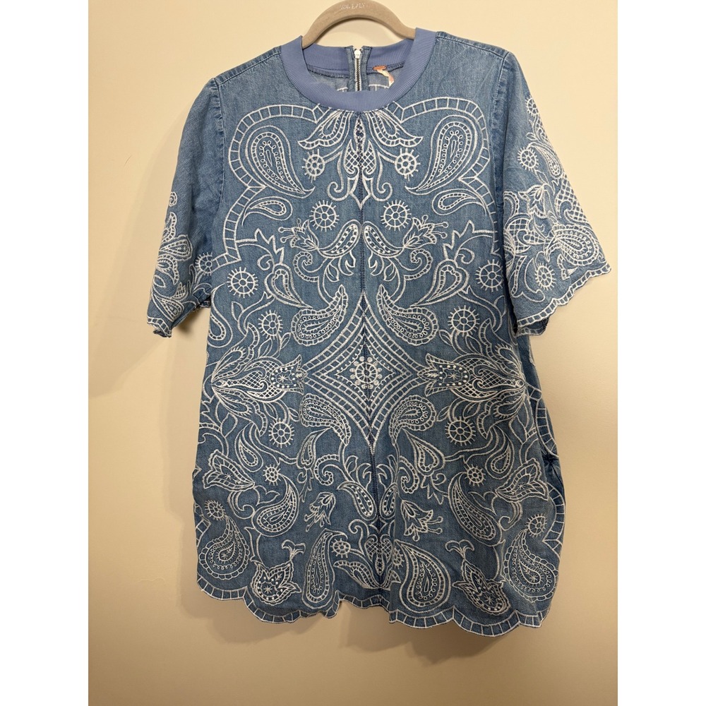 Free People Embroidered Denim Mini Dress Blue Paisley Scalloped Hem NWT - Picture 2 of 6
